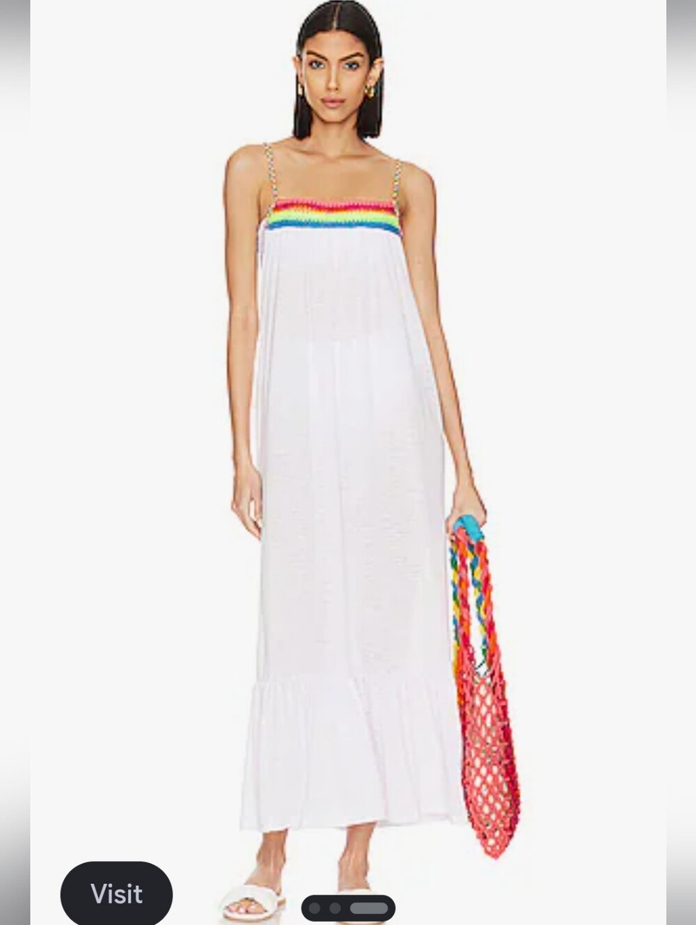 PITUSA DRESS White w/ Rainbow Crochet Neckline & Braided Straps, Size Petite